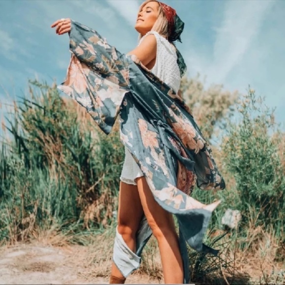 boho gypsy teal green Floral Kimono Cover up - Picture 3 of 10